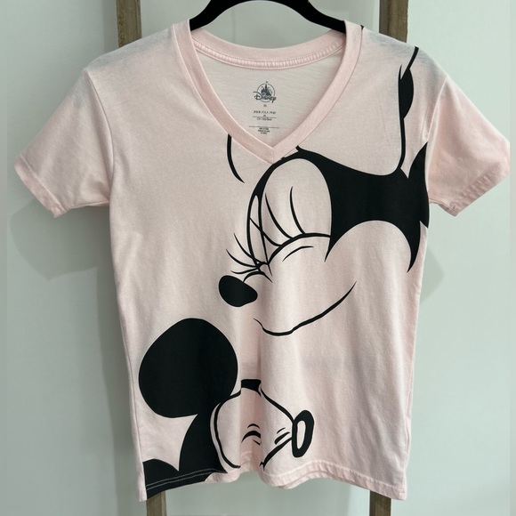 Disney Tops - Disney Mickey and Minnie Short Sleeve T-Shirt Size XS Pastel Pink Black Graphic